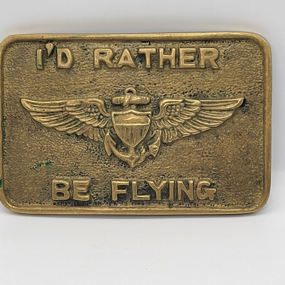 Vtg 70s Solid Brass I'd Rather Be Flying Belt Buckle Pilot Aviator Wings Taiwan